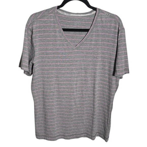 Lululemon Gray Pink‎ Stripe V-Neck Short Sleeve T-Shirt No Size Tag - Picture 1 of 4